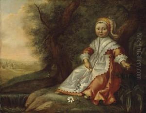 Portrait Of A Young Girl, Full-length, Seated By A River, With Flowers In Her Hands - view 1