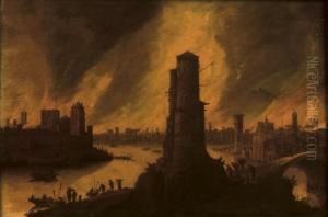 A Burning City By A River With Figures Fleeing In The Foreground