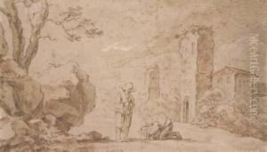 Deux Paysans Dans Un Paysage, Un Village Dans Le Fond by Dirck Verhaert