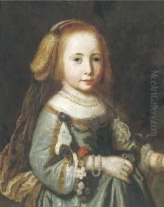 Portrait Of A Girl, Half-length,
 In A Green Silk Embroidered Dressand Pearl Necklace, Bracelets And 
Headdress