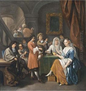 An Elegant Company Eating And
Drinking In An Interior, With A Lady Holding A Lemon In Her Hand,
Figures On A Staircase In The Background by Bernardus Van Schendel