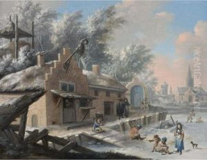 A Winter Landscape With Figures Playing On The Ice And People Skating