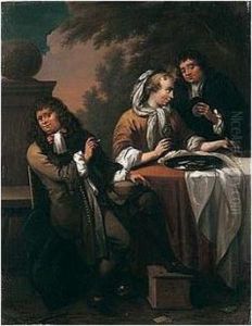 Elegant Figures Drinking And Smoking At A Table On A Terrace