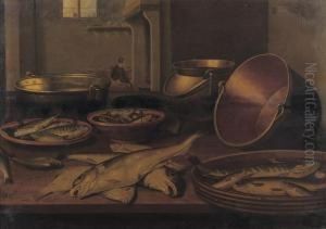 A Kitchen Interior With Fish And Utensils On A Table by Floris Gerritsz. van Schooten