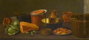 Copper Pots With Earthenware On A
 Table Top,with Meat, Salad, Cucumbers, Lentils And Nuts In A 
Wickerbasket