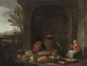A Maid With A Child, Preparing Food In A Courtyard, A Landscape Beyond