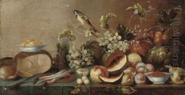 Melons, Peaches, Pears, Grapes
On The Vine And Other Fruit, With A Bluetit, Radishes On A Platter,
Bread, Butter And A Knife, On A Partially Draped Table - view 1
