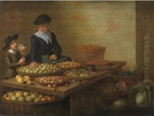 A Fruit And Vegetable Seller At 
Her Stall With Her Children, With Apples, Pears, Grapes, Blackberries, 
Cabbages, Carrots And Artichokes by Floris Gerritsz. van Schooten