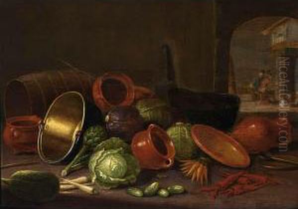 A Still Life With Earthenware
Pots, A Barrel, Cabbages, Carrots, And Gherkins In The Foreground,
Figures Near A Fireplace In The Background - view 1