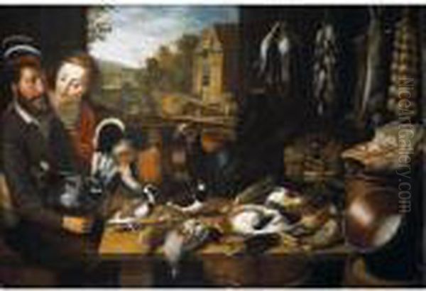 A Larder Still Life, With
Farmyard Fowl, A Turkey, Pigeons, A Plover, Duck, A Starling, Partridge
And Snipe, With Game And Songbirds And Rabbits Suspended From Nails, A
Rib Of Beef, Grapes And An Artichoke, With Copper Pans, Watched By A
Couple Se - view 1