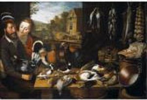 A Larder Still Life, With
Farmyard Fowl, A Turkey, Pigeons, A Plover, Duck, A Starling, Partridge
And Snipe, With Game And Songbirds And Rabbits Suspended From Nails, A
Rib Of Beef, Grapes And An Artichoke, With Copper Pans, Watched By A
Couple Se by Floris Gerritsz. van Schooten