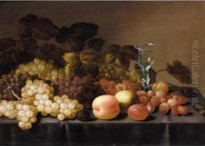 Still Life With Grapes, Logan Berries, Plums, An Apple And A Glass Together On A Table by Floris Gerritsz. van Schooten