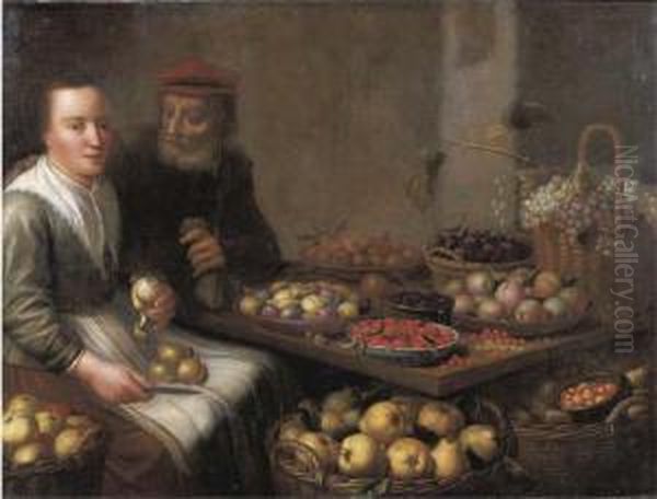 A Kitchen Interior With A
Peasant Woman Peeling A Pear, At A Tablewith Grapes, Plums,
Blackberries, Cherries And Other Fruits Onearthenware Plates, An Old Man
Offering Her A Money Bag Besideher - view 1