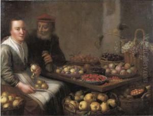 A Kitchen Interior With A
Peasant Woman Peeling A Pear, At A Tablewith Grapes, Plums,
Blackberries, Cherries And Other Fruits Onearthenware Plates, An Old Man
Offering Her A Money Bag Besideher by Floris Gerritsz. van Schooten
