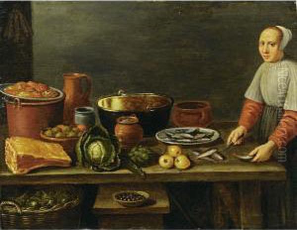 A Kitchen Still Life With A 
Cauliflower, An Artichoke, A Ham And Pots, Pans And Jugs, All On A 
Wooden Table With A Basket Underneath And A Maid Preparing Fish - view 1