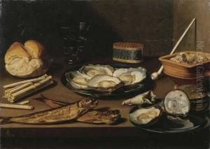 Pewter Plates With Opened
Oysters, Two Mackerel, A Bun, Oystershells, A Bag Of Tobacco, Matches, A
White Clay Pipe, A Berkemeierof White Wine, A Red Earthenware Brazier
With Embers And A Pewteroval Tobacco Tin On A Wooden Table by Floris Gerritsz. van Schooten