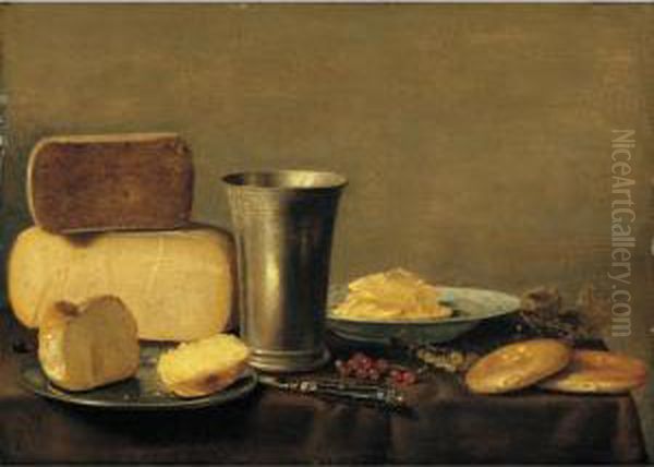 A Still Life Of Cheese, A Silver
Beaker, Bread On A Pewter Dish, Butter In A Blue-and-white Bowl,
Together With Red- And White-currants, A Knife And Biscuits On A Table
Draped With A Green Cloth - view 1