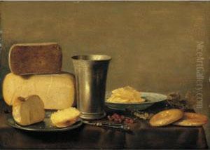 A Still Life Of Cheese, A Silver
Beaker, Bread On A Pewter Dish, Butter In A Blue-and-white Bowl,
Together With Red- And White-currants, A Knife And Biscuits On A Table
Draped With A Green Cloth by Floris Gerritsz. van Schooten