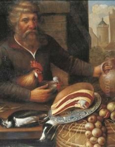 A Peasant Selling Ham, Onions And Poultry At A Market