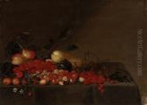 Apples, Plums, Cherries, Strawberries, Redcurrants, And Blackcurrants On A Draped Ledge
