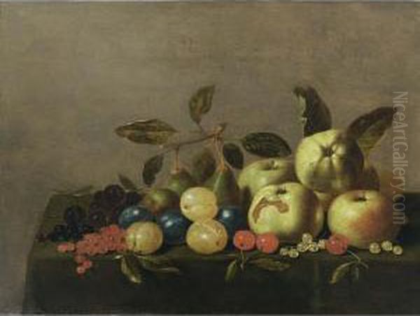 A Still Life With Quinces,
Apples, Prunes, Pears, Red And Black Cherries, Red And White Currants
And Bilberries, All On A Table Draped With A Green Cloth - view 1