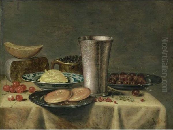 A Still Life With A Silver 
Beaker, Cherries And Bread On Pewter Plates, Cheese, Blue Berries In An 
Earthenware Pot, Butter In A Porcelain Dish, All On A Table Draped With A
 White Cloth, Together With Cherries And Red And White Currants - view 1