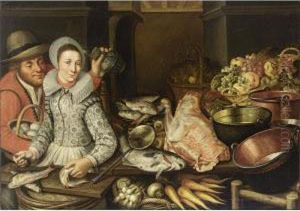 A Kitchen Still Life With Grapes
And Apples In A Basket, With Artichokes In A Basket, Fish On A Plate,
Copper Pots And Pans, A Piece Of Meat, Fish, Carrots, Turnips And Onions
In A Basket, With A Woman Scaling Fish And A Man Holding A Jug And A
Ba by Floris Gerritsz. van Schooten