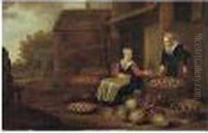 Town Scene With A Vegetable And Fruit Seller by Floris Gerritsz. van Schooten