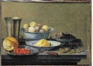 Nature Morte Aux Prunes Et Raisins Dans Des Porcelaines Wang-li Et
 Pieces D'orfevrerie Sur Un Entablement