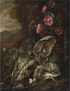 Still Life With Flowers And Plants In A Landscape With Toads And Moths