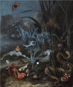 A Forest Floor, With A Milk 
Thistle, Fungi, A Wood Snail, A Queen Of Spain Fritillary, An Emperor 
Moth And An Aspis Adder Attacking A Fledgling From A Nest Of A 
Sedge-warbler