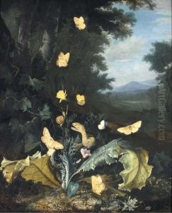 A Forest Floor Still Life With A
 Snake, Butterflies, A Ladybird Anda Snail, A Mountainous Landscape 
Beyond