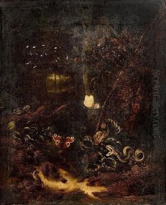 A Forest Floor Still Life With A Snake, Two Butterflies And A Lizard by Otto Marseus Snuff. Van Schrieck