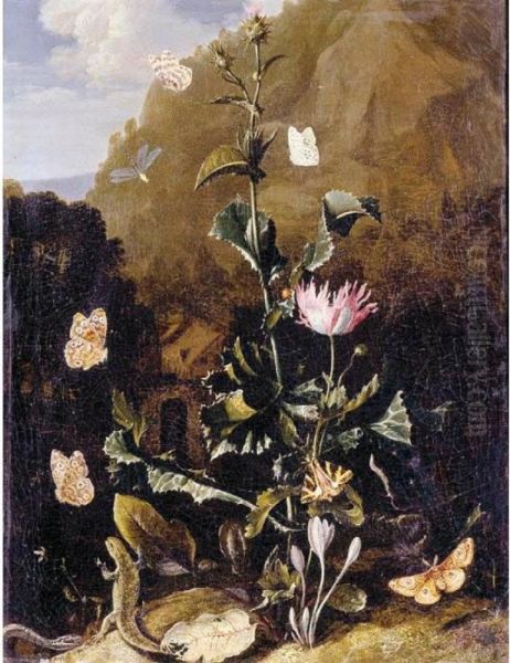 Still Life Of A Thistle And 
Other Flowers Surrounded By Moths, A Dragonfly, A Lizard, And A Snake, 
In A Landscape - view 1
