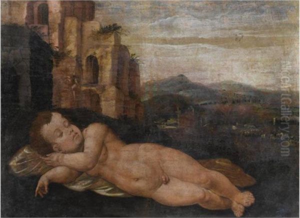 Sleeping Cupid In A Landscape With Classical Ruins - view 1