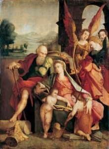 Umkreis Die Heilige Familie Mit
Dem Johannesknaben Und Engeln Vor Landschaftshintergrund. Ol Auf Holz. H
69,5; B 51 Cm. Farbtafel by Jan Van Scorel