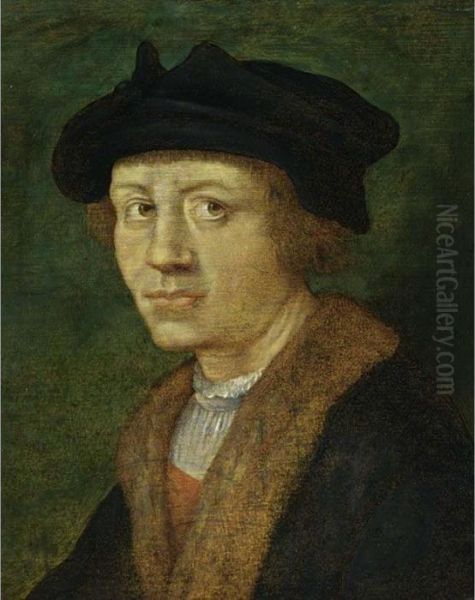 A Portrait Of A Young Man, Head
And Shoulders, Wearing A Fur-lined Black Coat And A Black Beret - view 1