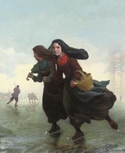 Skaters On A Frozen Waterway by Henri van Seben