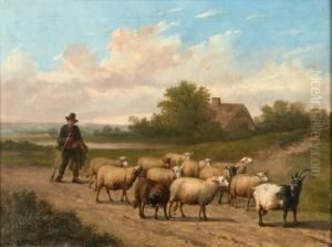 [berger Et Moutons.] Huile Sur Toile, Signee En Bas A Droite