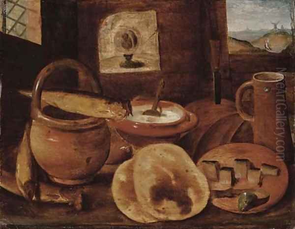 A poor man's meal a loaf of bread, porridge, buns and a herring on a wooden table - view 1