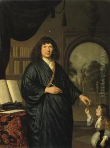 Portrait Of A Gentleman,
Three-quarter-length, In A 'japanscherok', Standing In A Library, Giving
A Messenger A Letter by Pieter Cornelisz. van SLINGELANDT