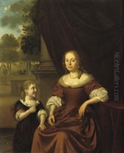 Portrait Of A Lady, 
Three-quarter-length, In A Brown Dress Andpearl Necklace, Seated By A 
Table, A Girl By Her Side Holding Aflower, A Park Landscape Beyond