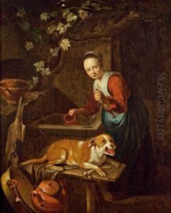 Del Xviii Secolo Giovane Donna Con Un Cane Alla Fonte Del Xviii Secolo Giovane Donna Con Un Cane Alla Fonte