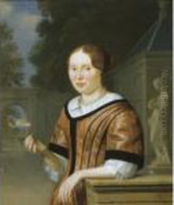 A Portrait Of A Lady Holding A Rose, By A Statue Of Flora In A Garden by Pieter Cornelisz. van SLINGELANDT