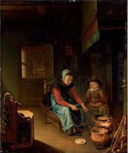 Interior With A Woman Cooking 
Pancakes With A Young Boy Before A Hearth