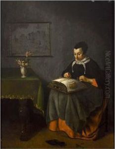 A Girl Embroidering by Pieter Cornelisz. van SLINGELANDT