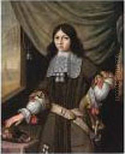 A Portrait Of A Young Nobleman,
Standing Three Quarter Length, Wearing A Dark-green Costume With A
Sable, White Lace Collar And Sleeves Adorned With Red Ribbons, With His
Hat On A Table - view 1