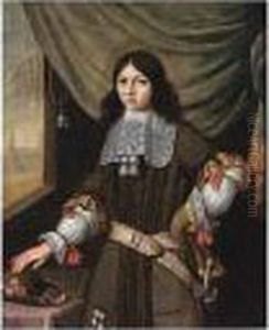 A Portrait Of A Young Nobleman, 
Standing Three Quarter Length, Wearing A Dark-green Costume With A 
Sable, White Lace Collar And Sleeves Adorned With Red Ribbons, With His
 Hat On A Table by Pieter Cornelisz. van SLINGELANDT