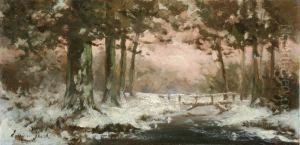 Forest With Streamand Wooden Bridge In Winter by Louis Willem Van Soest