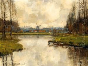 Landscape With Village And Water In The Background by Louis Willem Van Soest